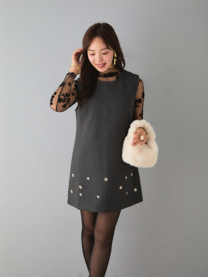 フラワーフロッキーハイネックロングスリーブブラウス/BLACK