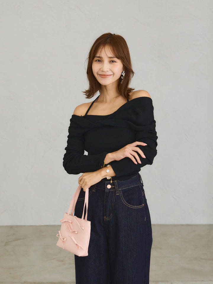 オフショルダーツイストニットトップス/BLACK