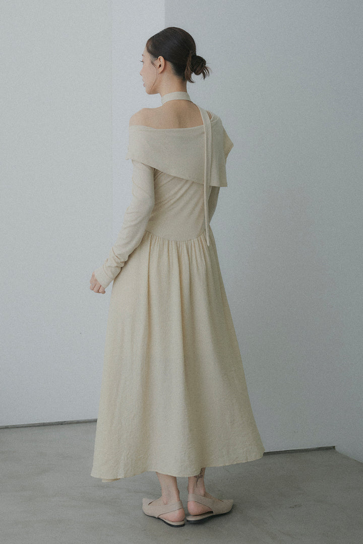 チョーカー付異素材アシンメトリードレープワンピース