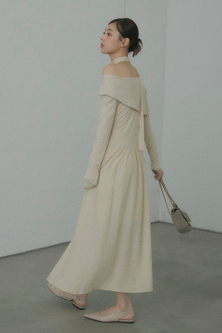 チョーカー付異素材アシンメトリードレープワンピース