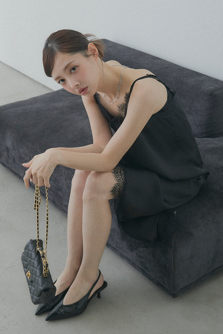 サテンレースロングワンピース