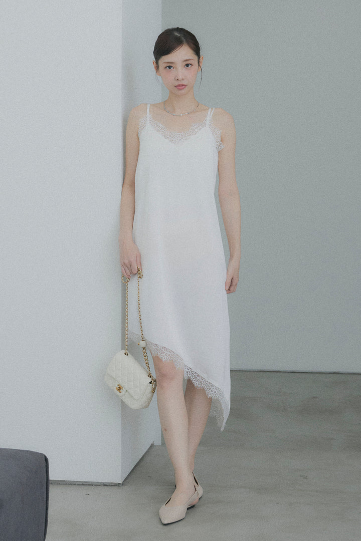 サテンレースロングワンピース