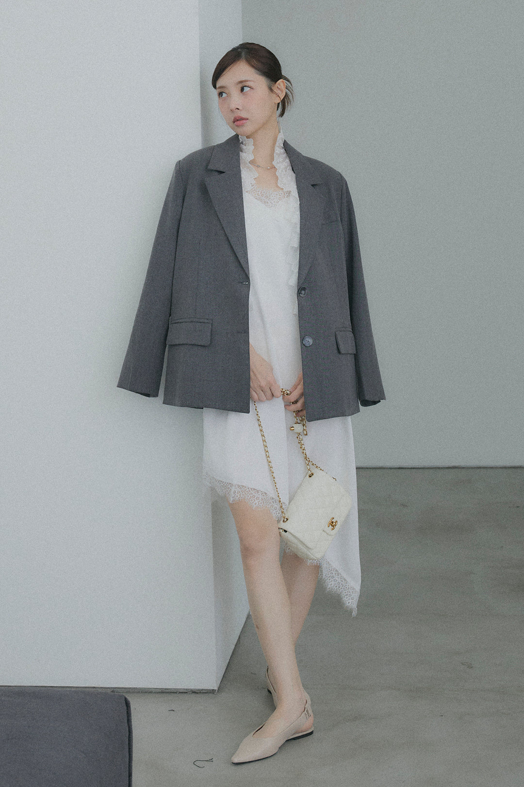 サテンレースロングワンピース