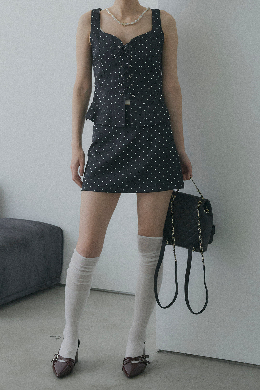 フロントレースアップドットビスチェセットアップ