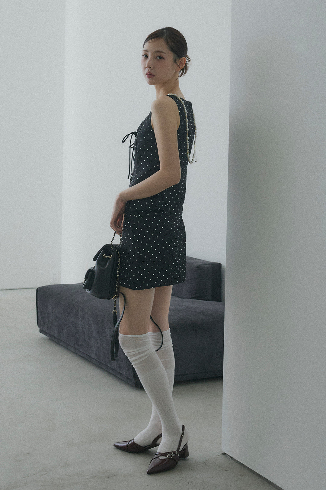 フロントレースアップドットビスチェセットアップ