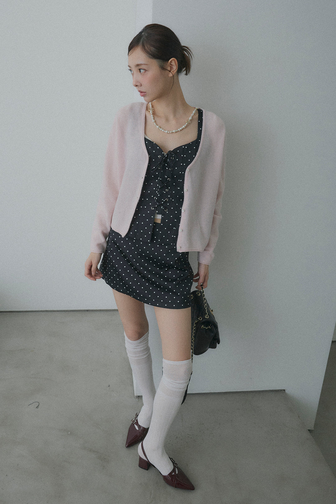 フロントレースアップドットビスチェセットアップ