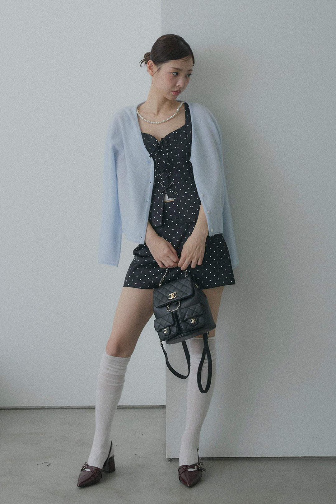 フロントレースアップドットビスチェセットアップ