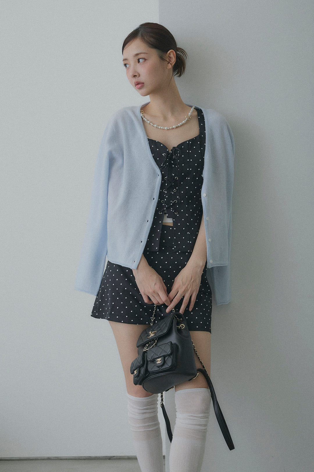 フロントレースアップドットビスチェセットアップ