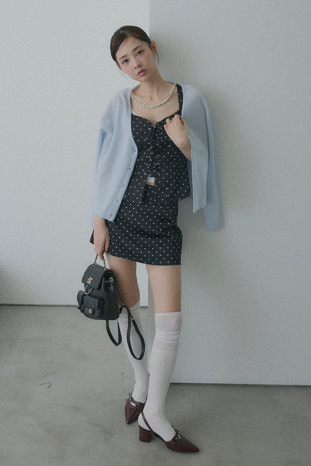 フロントレースアップドットビスチェセットアップ