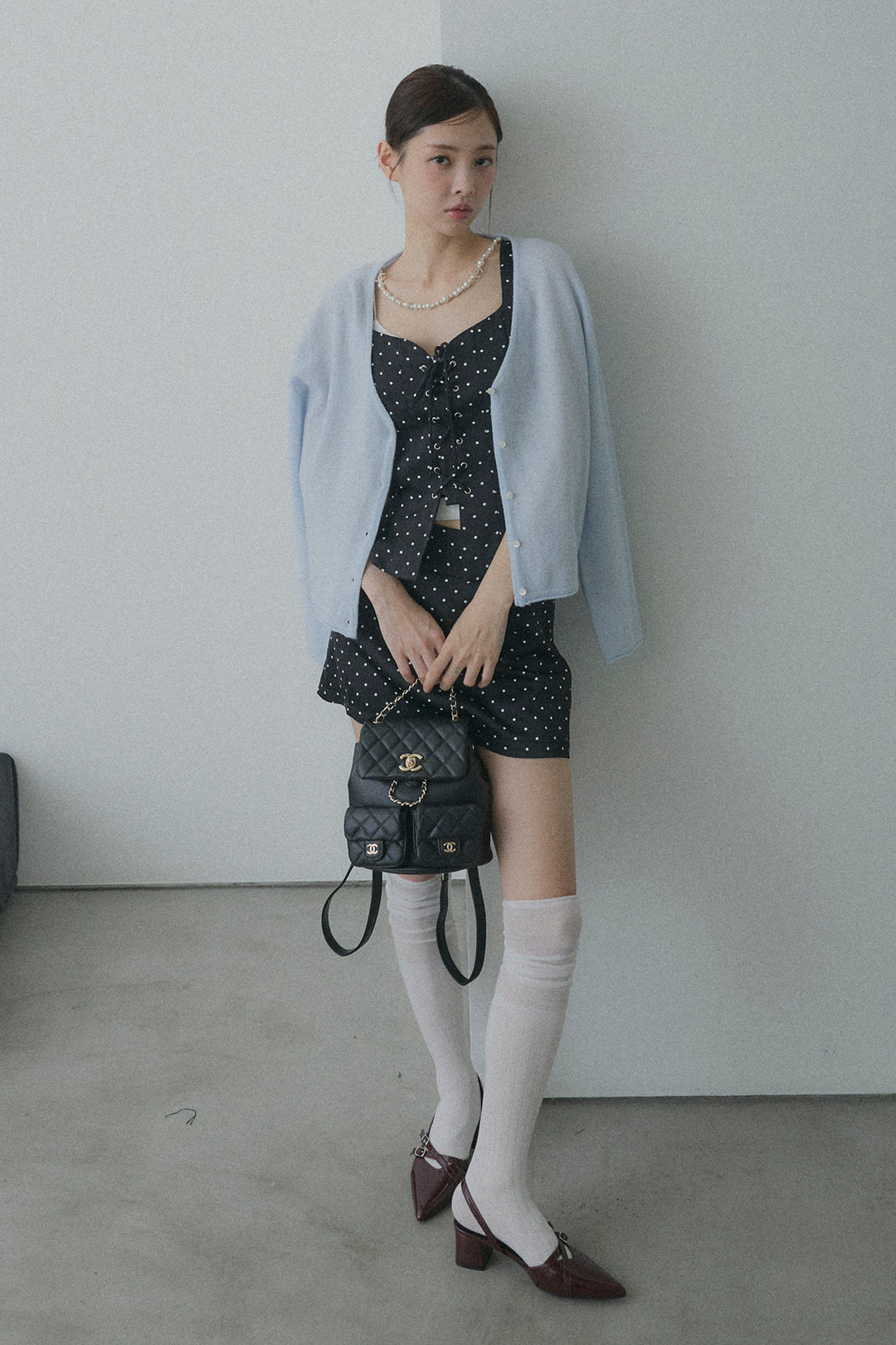 フロントレースアップドットビスチェセットアップ