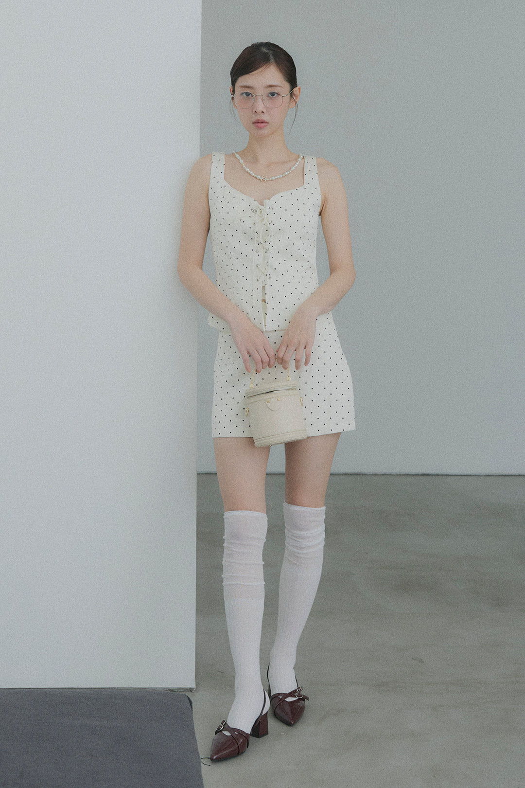 フロントレースアップドットビスチェセットアップ