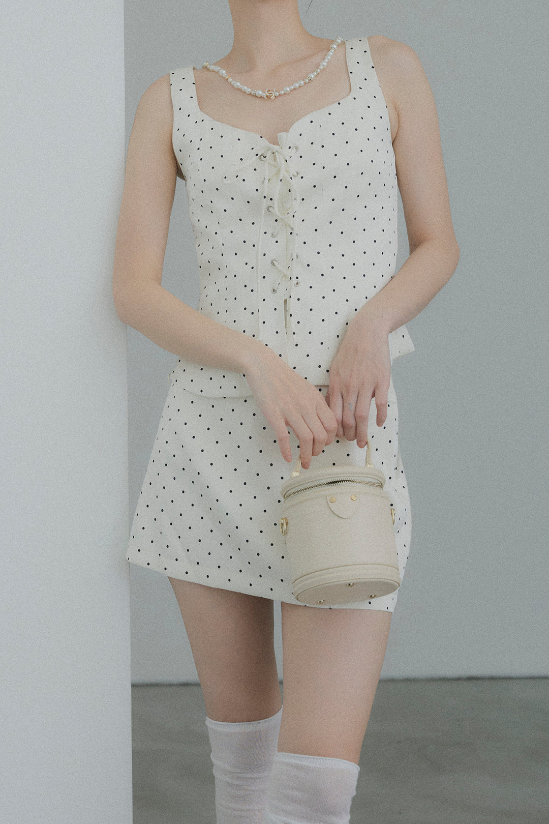 フロントレースアップドットビスチェセットアップ