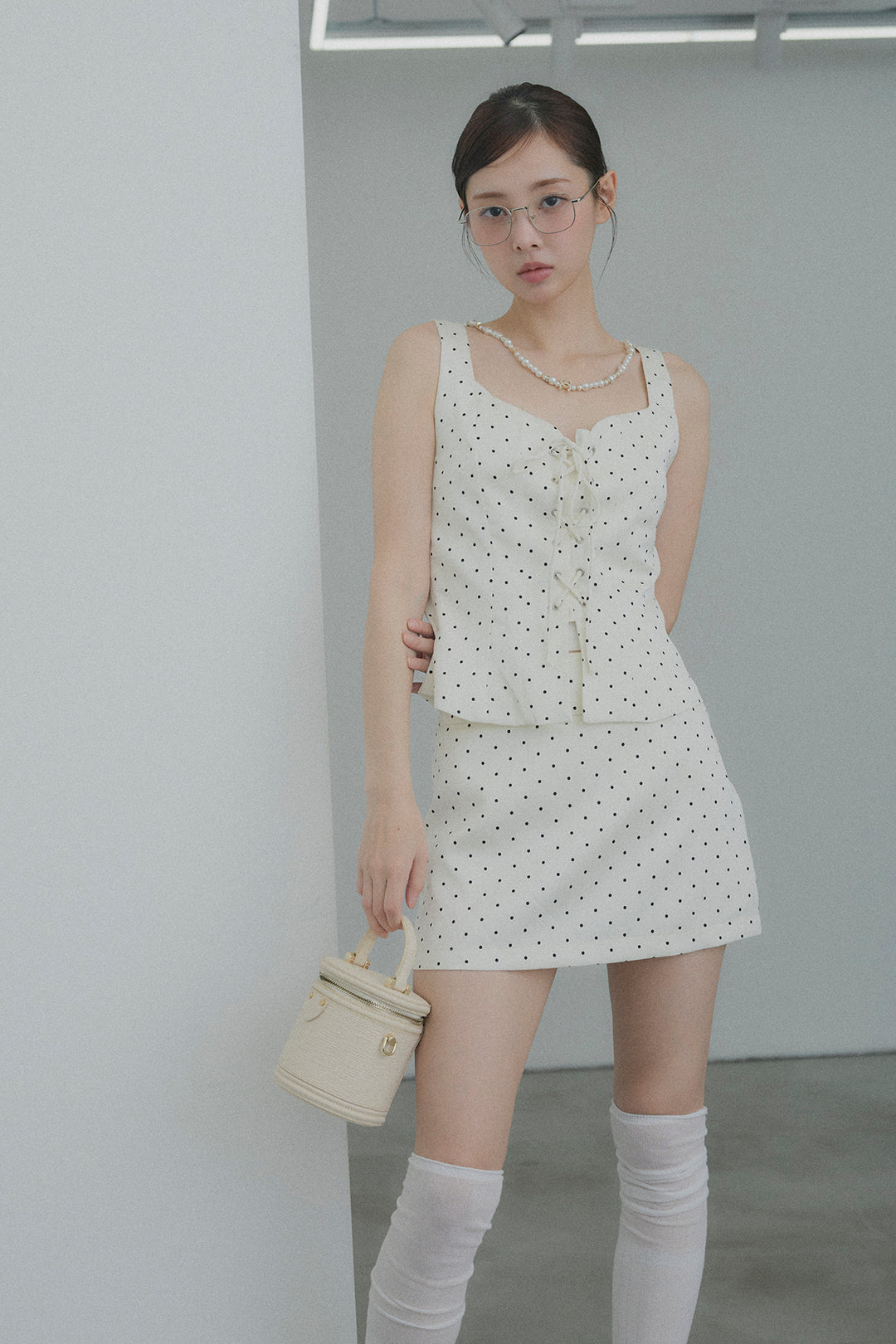 フロントレースアップドットビスチェセットアップ