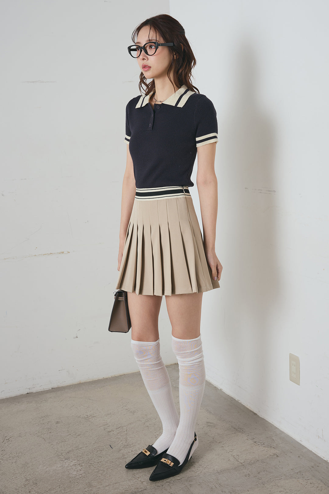 配色ライン半袖リブニット