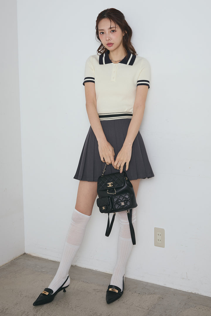 配色ライン半袖リブニット