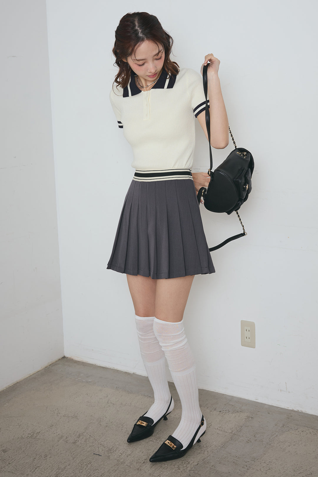 配色ライン半袖リブニット