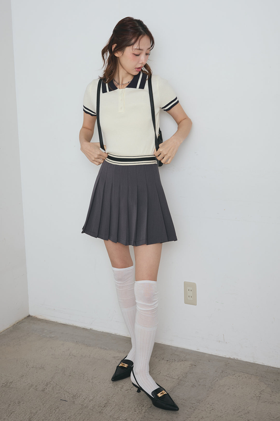 配色ライン半袖リブニット