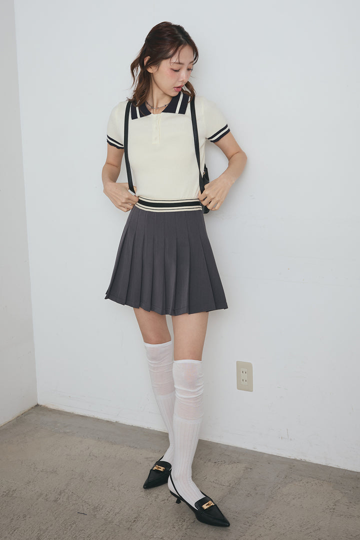 配色ライン半袖リブニット