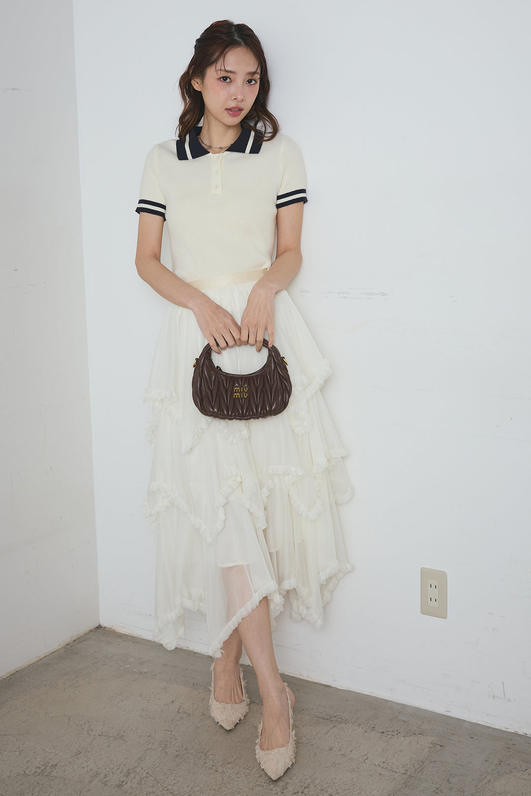 配色ライン半袖リブニット