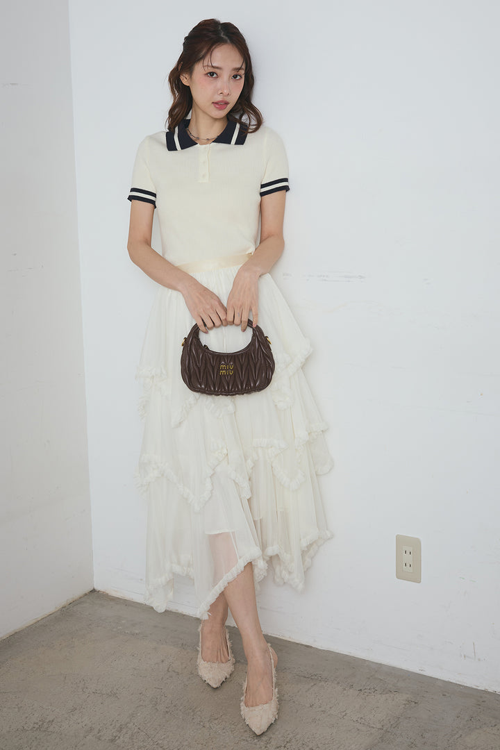 配色ライン半袖リブニット