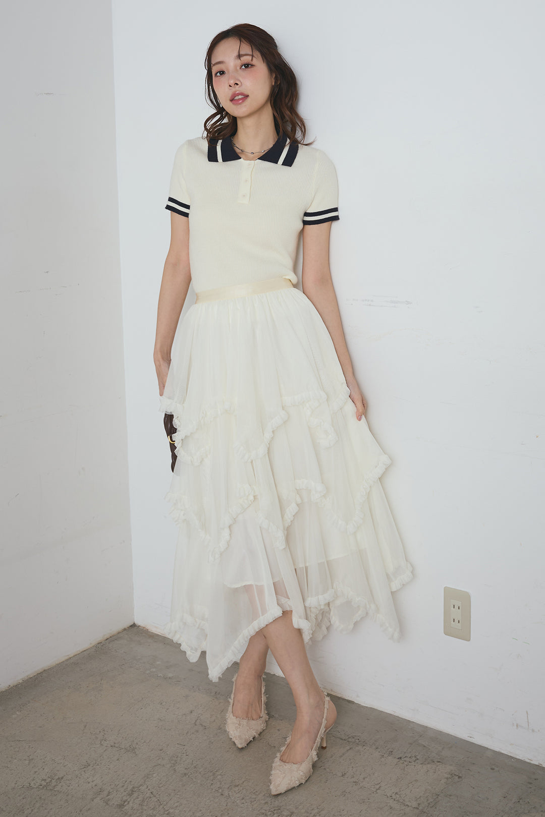 配色ライン半袖リブニット