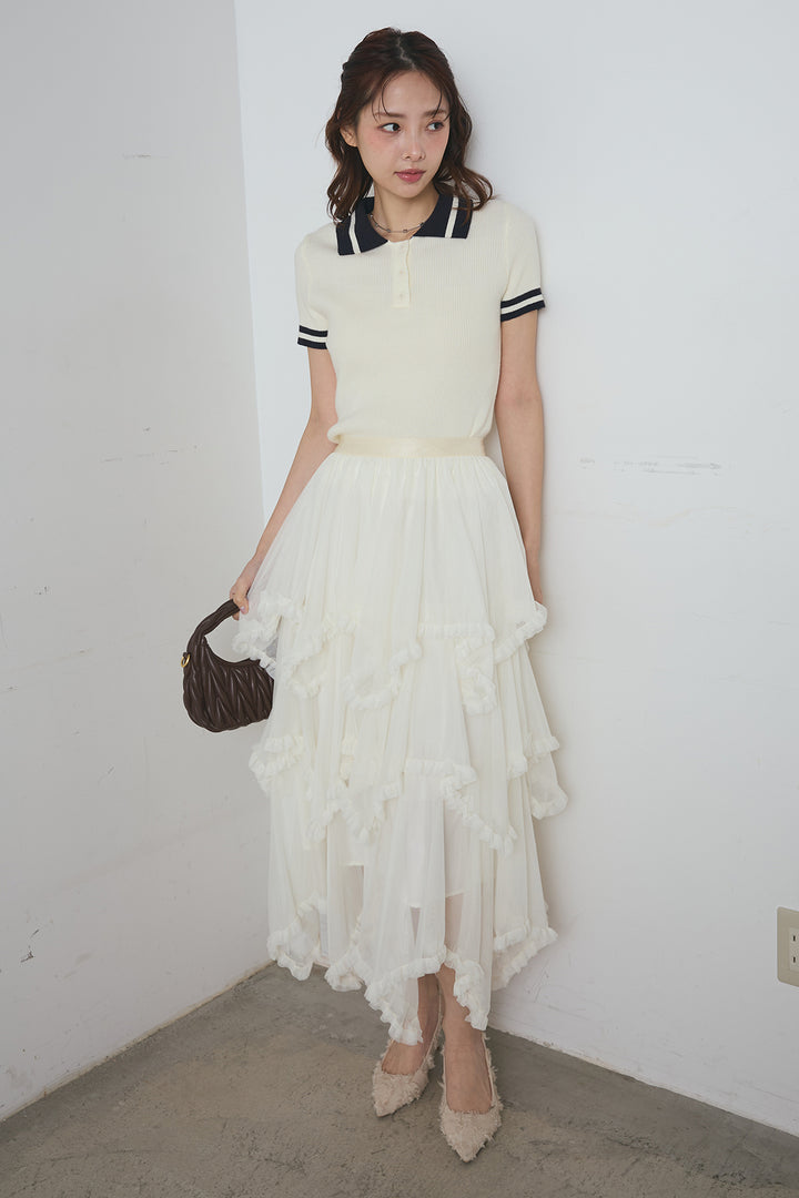 配色ライン半袖リブニット