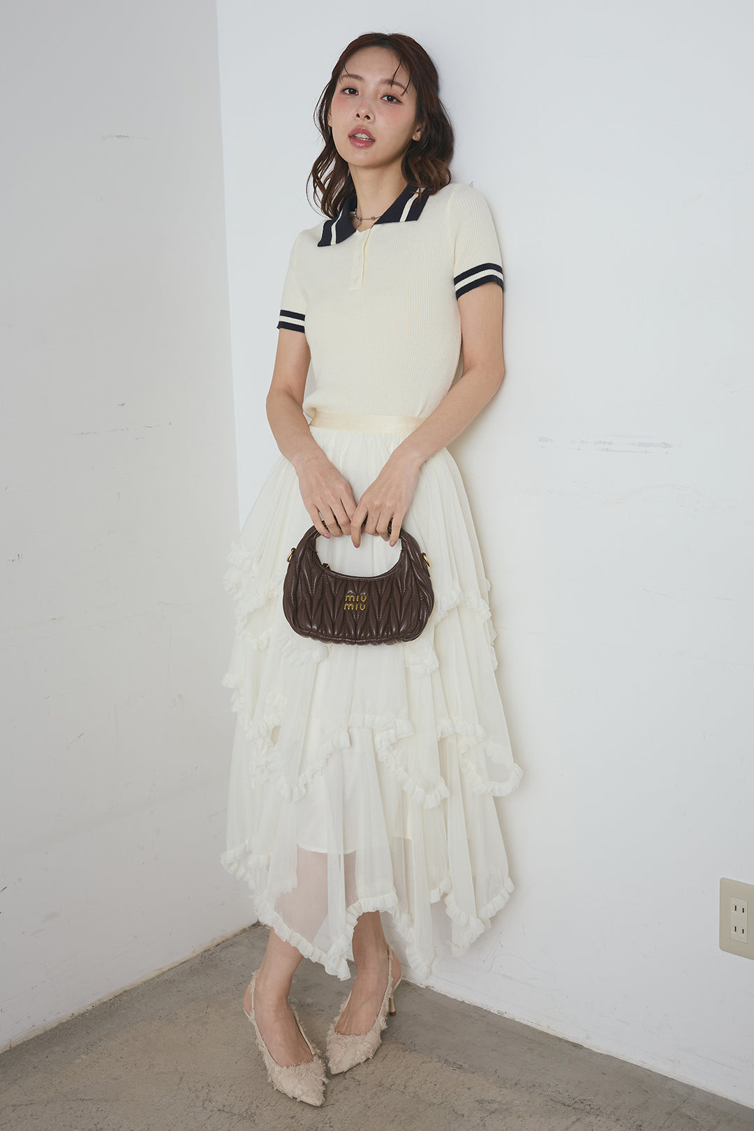 配色ライン半袖リブニット