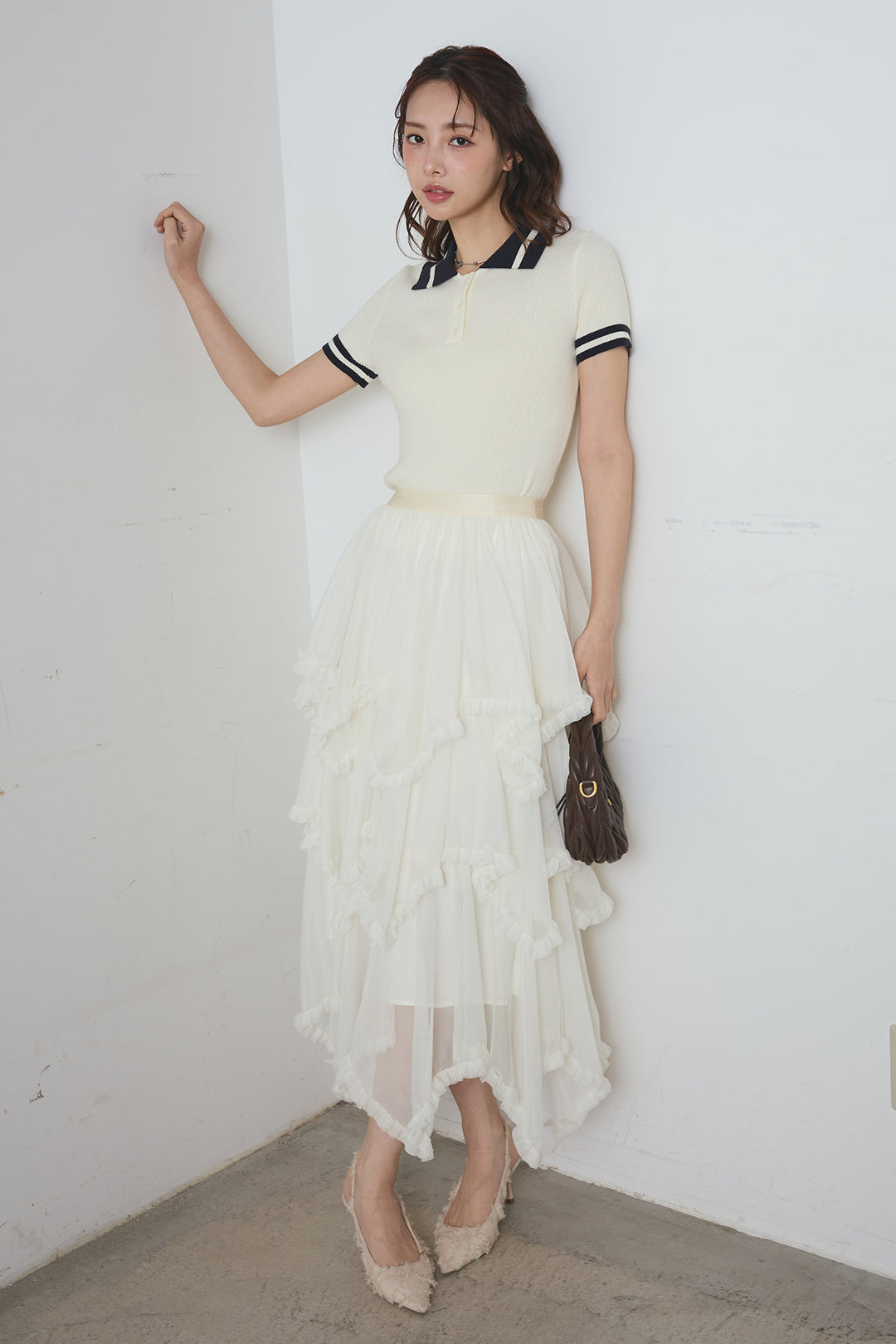 配色ライン半袖リブニット