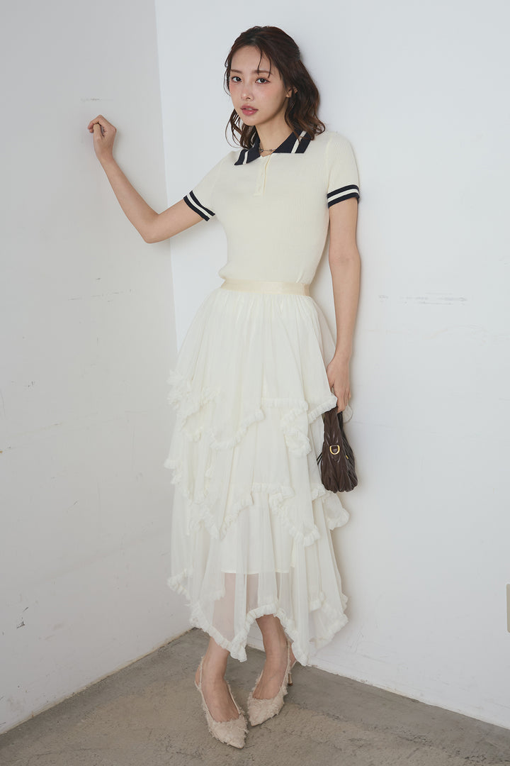 配色ライン半袖リブニット