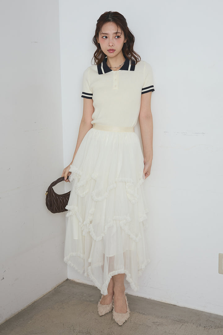 配色ライン半袖リブニット