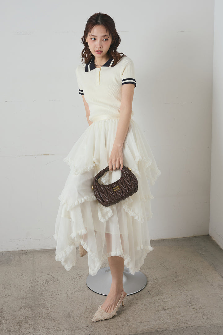 配色ライン半袖リブニット