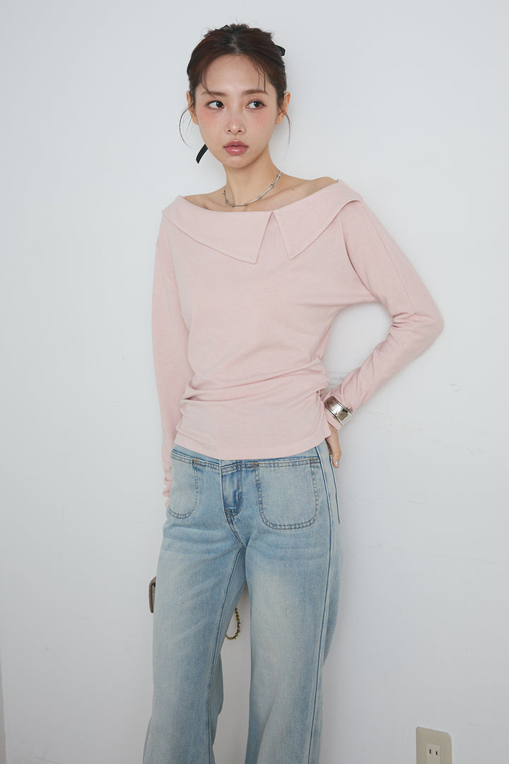 襟付アシンメトリーオフショルトップス