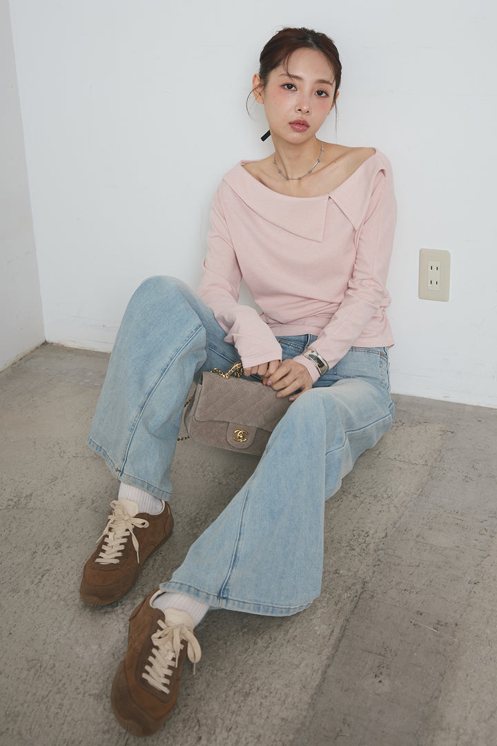 襟付アシンメトリーオフショルトップス