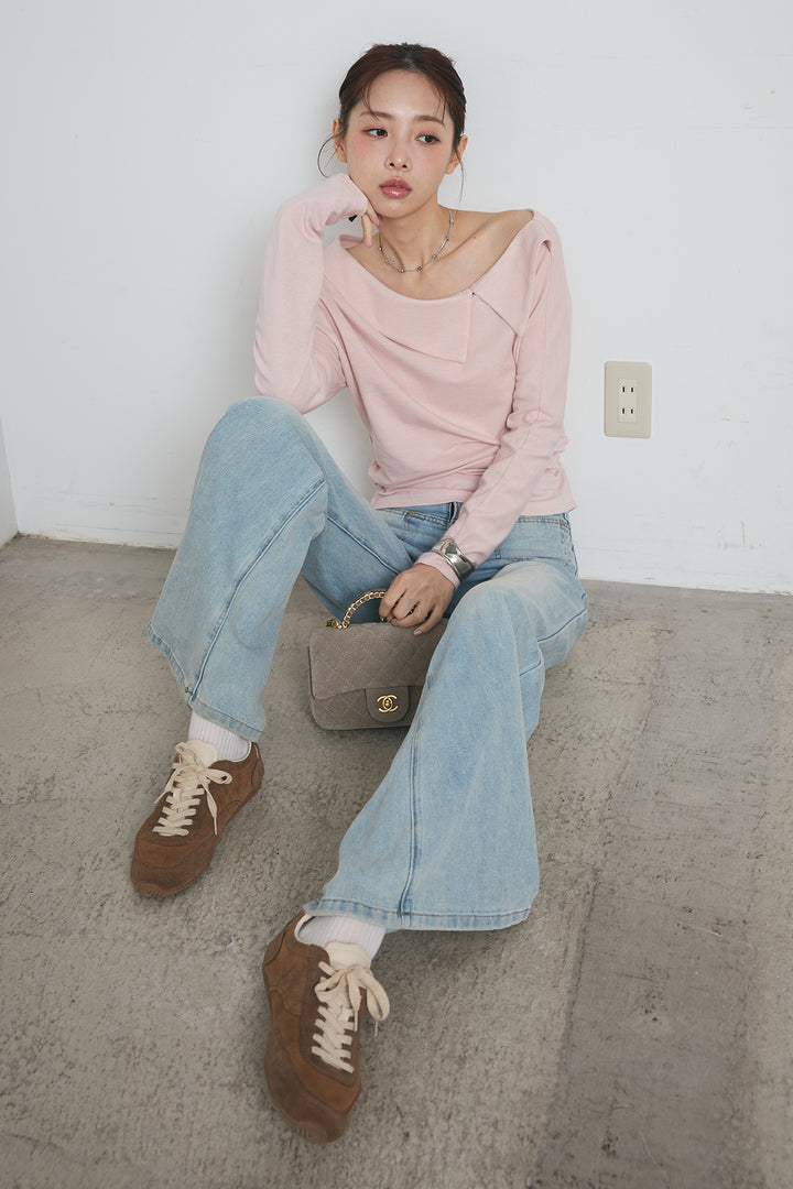 襟付アシンメトリーオフショルトップス
