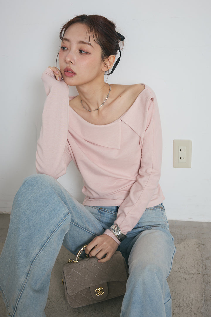 襟付アシンメトリーオフショルトップス