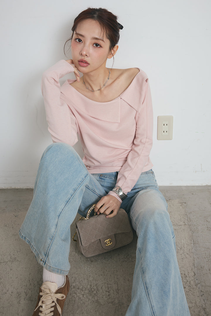 襟付アシンメトリーオフショルトップス