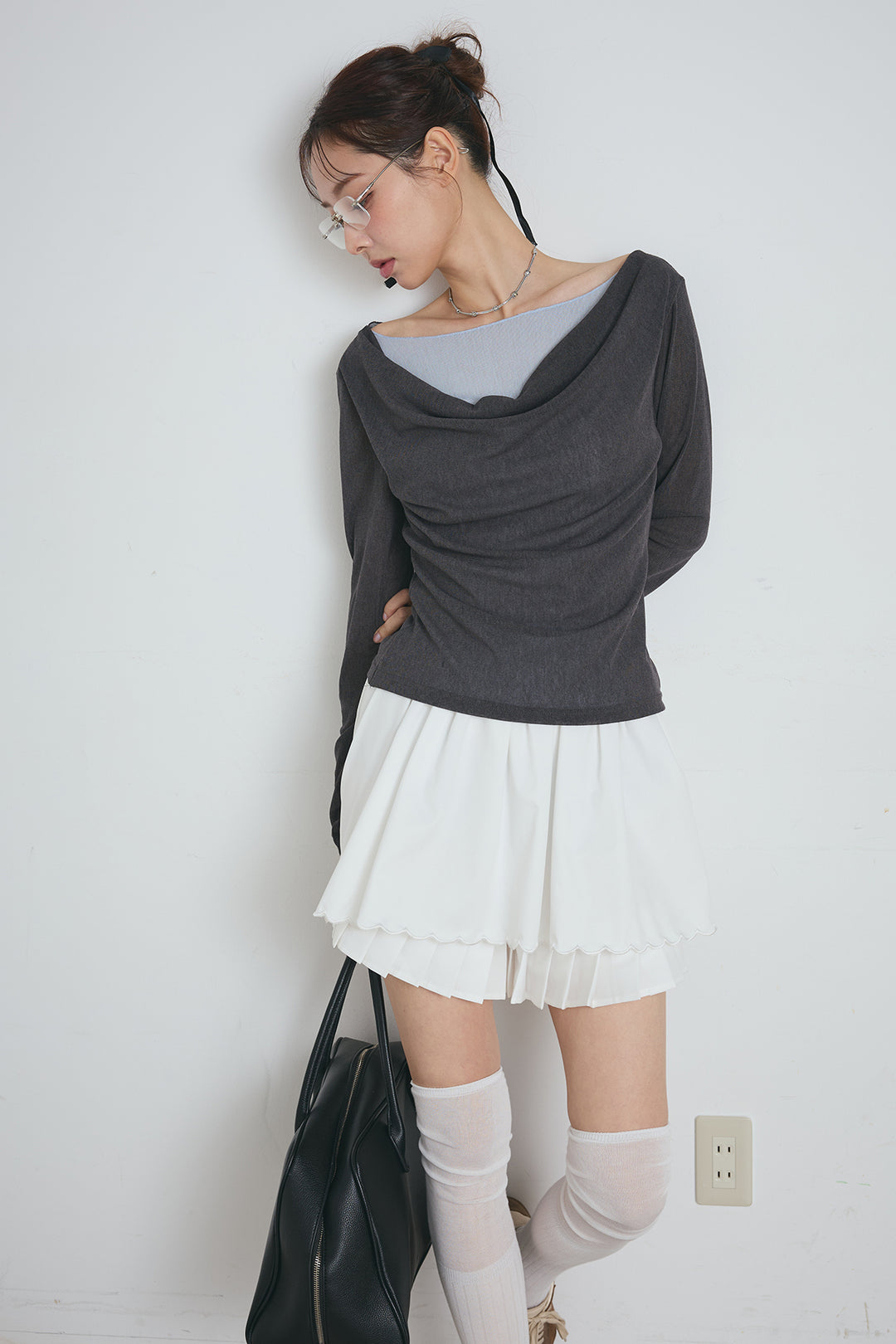 スカラップヘムプリーツドッキングショートスカート