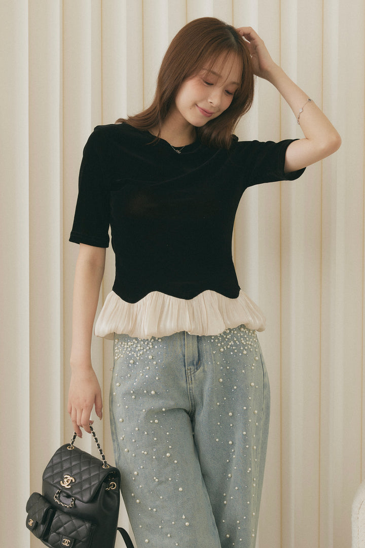 [SET]ベロアスカラップバルーンヘムトップス+パールビジューバレルデニムパンツ(2set)