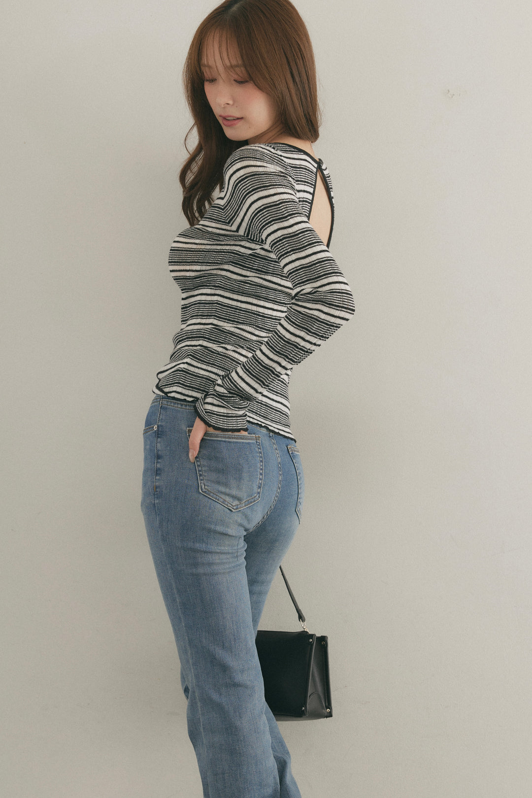 [SET]バックオープンリブトップス+美脚ストレッチデニム（ベルト付き）(2set)