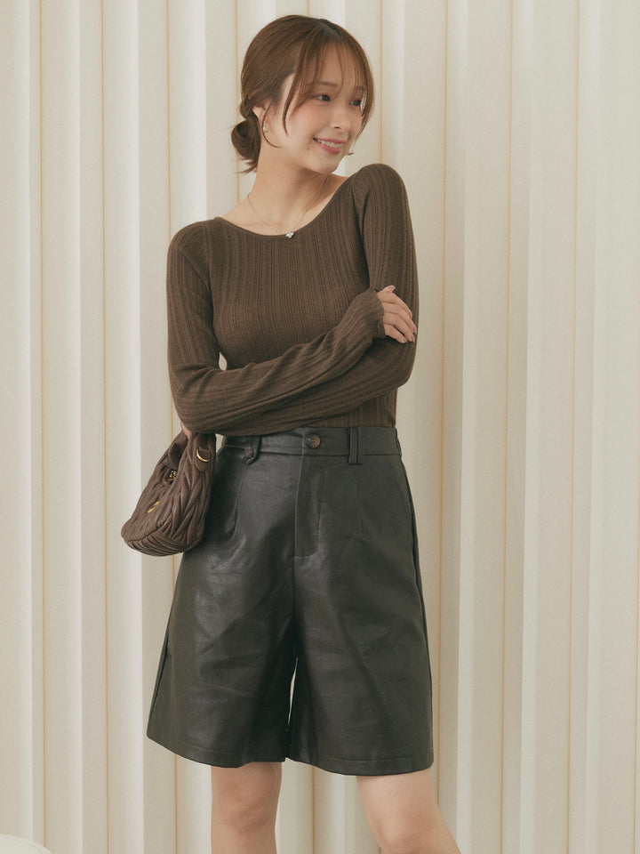 [SET]バックオープンリブトップス+フェイクレザータックハーフパンツ(2set)