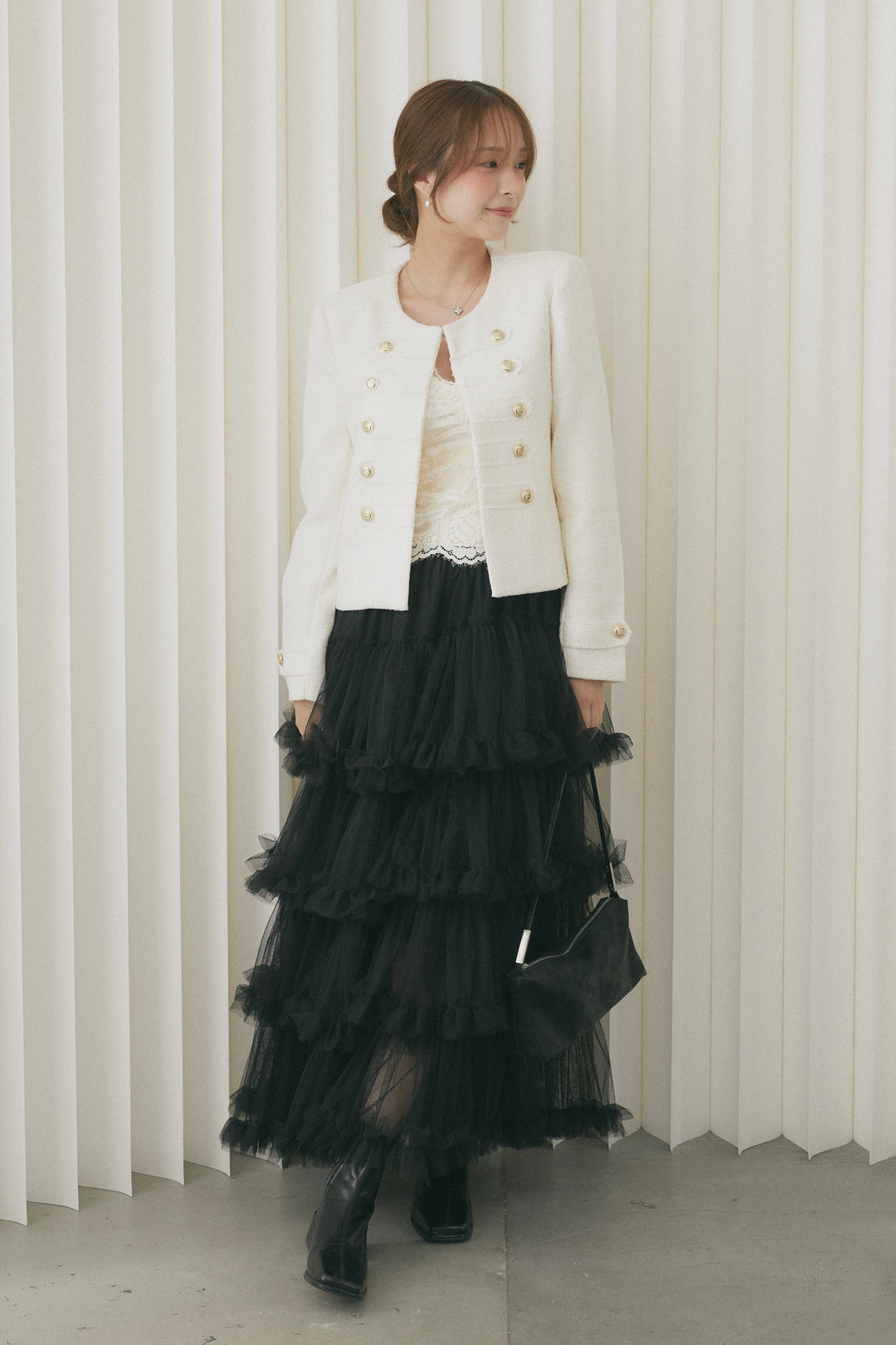[SET]ナポレオンノーカラーツイードジャケット+ベロアレースコンビキャミソール(カップ付き)+アシメティアードボリュームチュールスカート(3set)