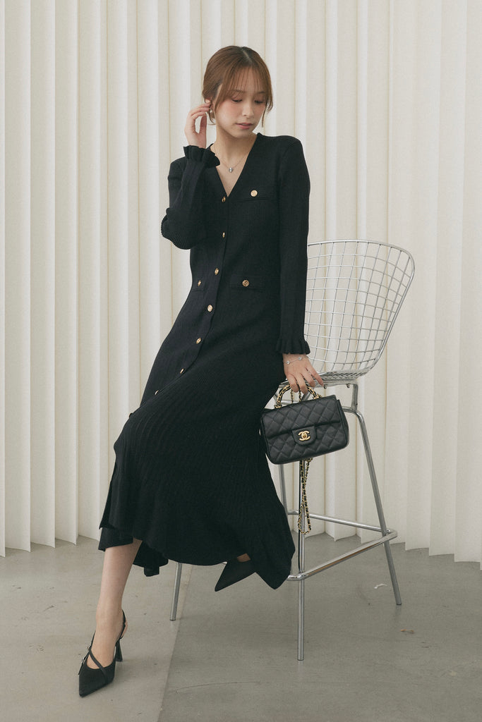 Vネックフリルリブニットワンピース – maison-nua_shop