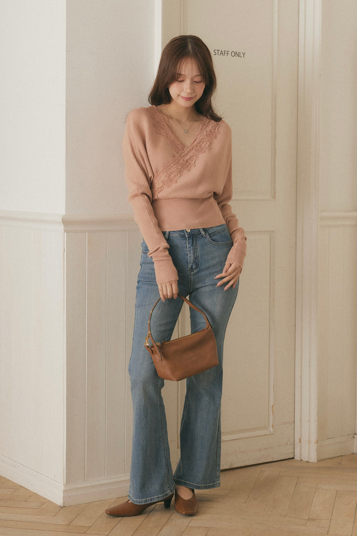 [SET]バックリボンレースカシュクールニット+美脚ストレッチデニム（ベルト付き）(2set)