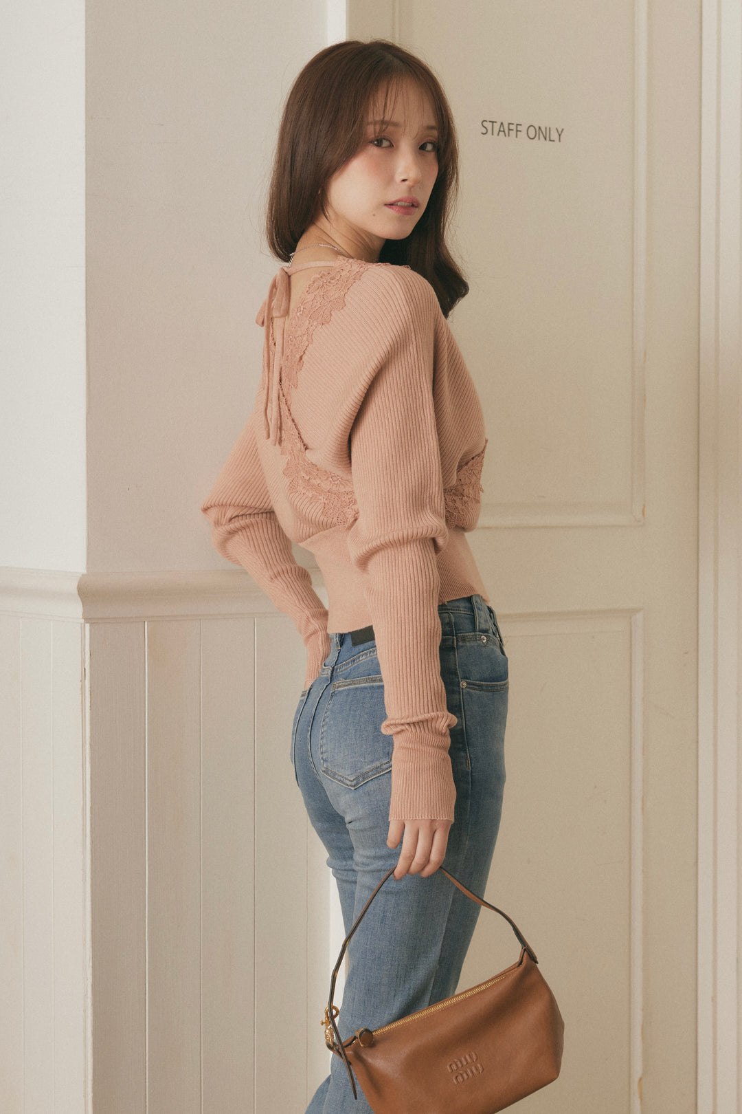 [SET]バックリボンレースカシュクールニット+美脚ストレッチデニム（ベルト付き）(2set)