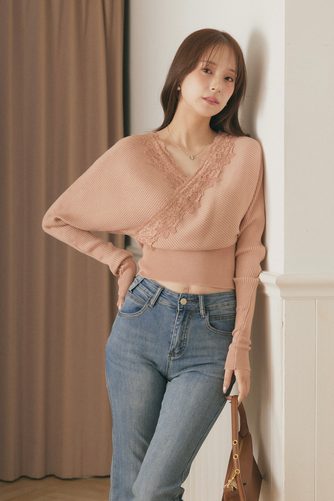 [SET]バックリボンレースカシュクールニット+美脚ストレッチデニム（ベルト付き）(2set)