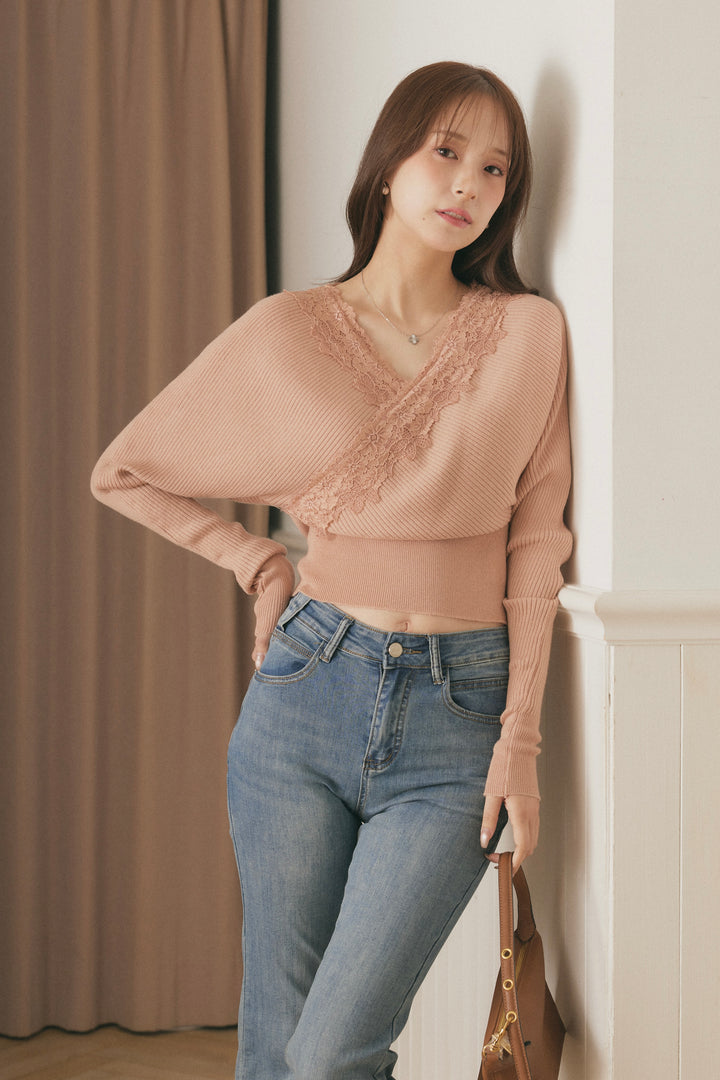 [SET]バックリボンレースカシュクールニット+美脚ストレッチデニム（ベルト付き）(2set)