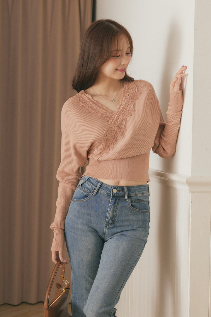 [SET]バックリボンレースカシュクールニット+美脚ストレッチデニム（ベルト付き）(2set)