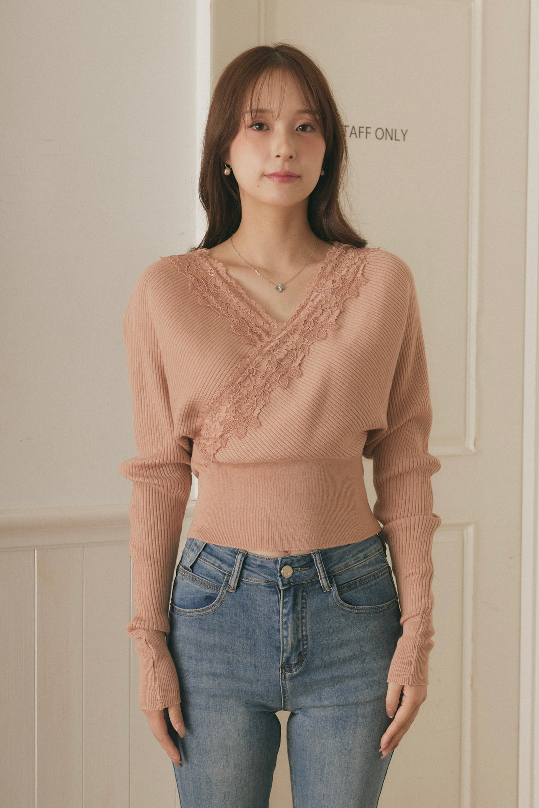 [SET]バックリボンレースカシュクールニット+美脚ストレッチデニム（ベルト付き）(2set)