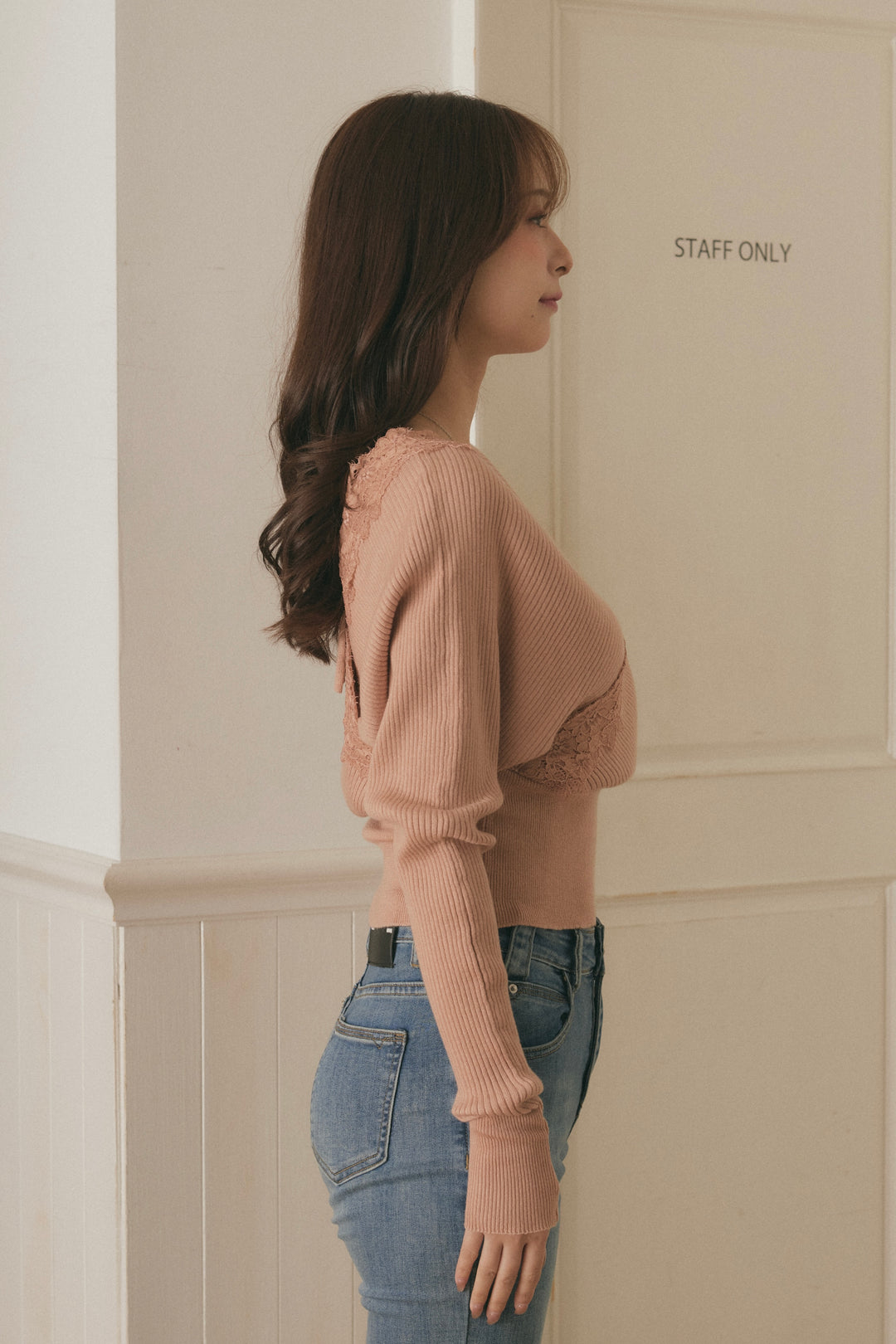 [SET]バックリボンレースカシュクールニット+美脚ストレッチデニム（ベルト付き）(2set)
