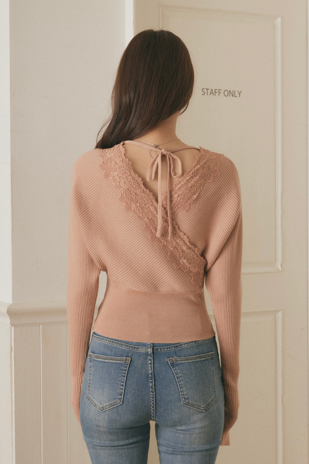 [SET]バックリボンレースカシュクールニット+美脚ストレッチデニム（ベルト付き）(2set)